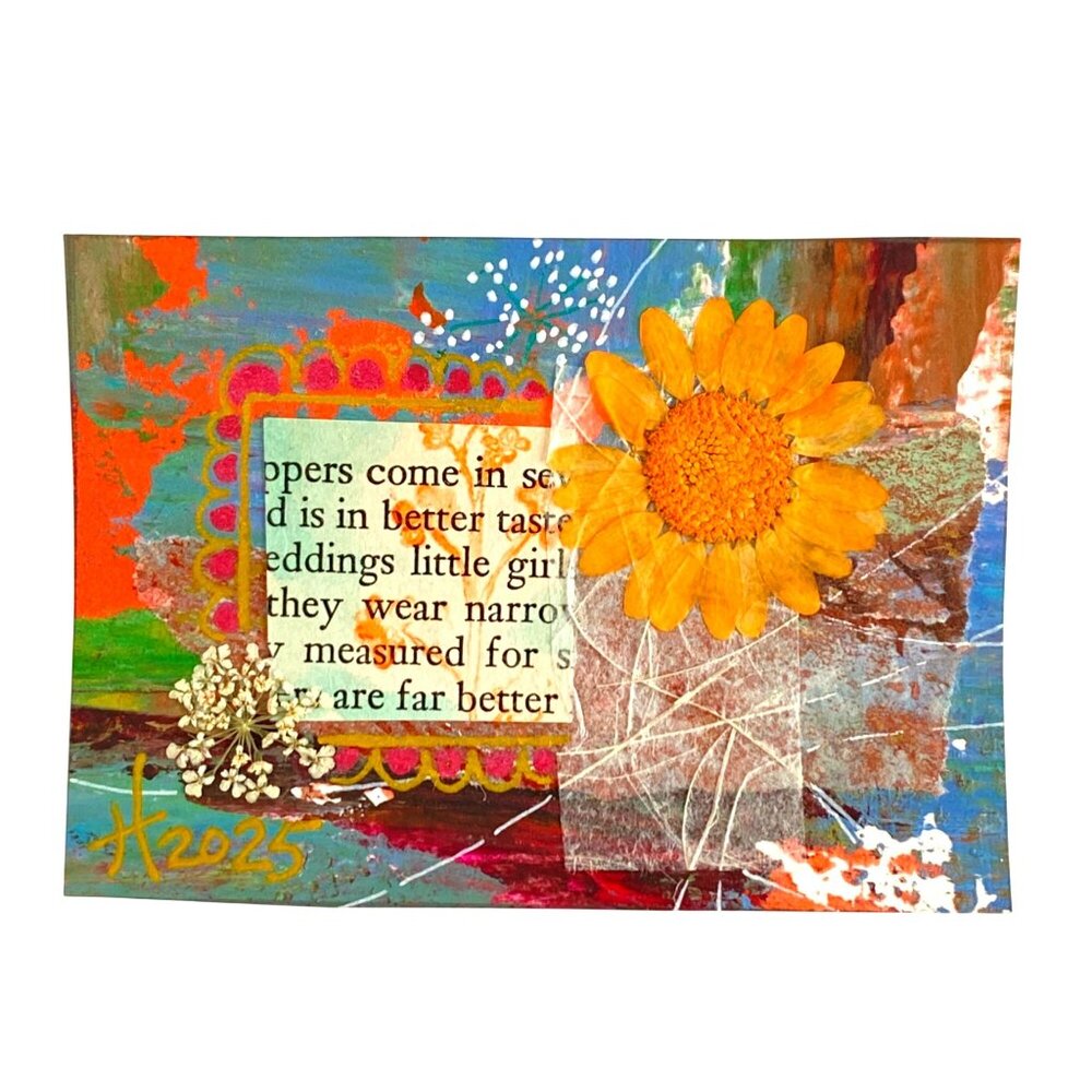 ACEO Original Art Acrylic Collage Drawing and Dried Flowers 3D Painting ATC